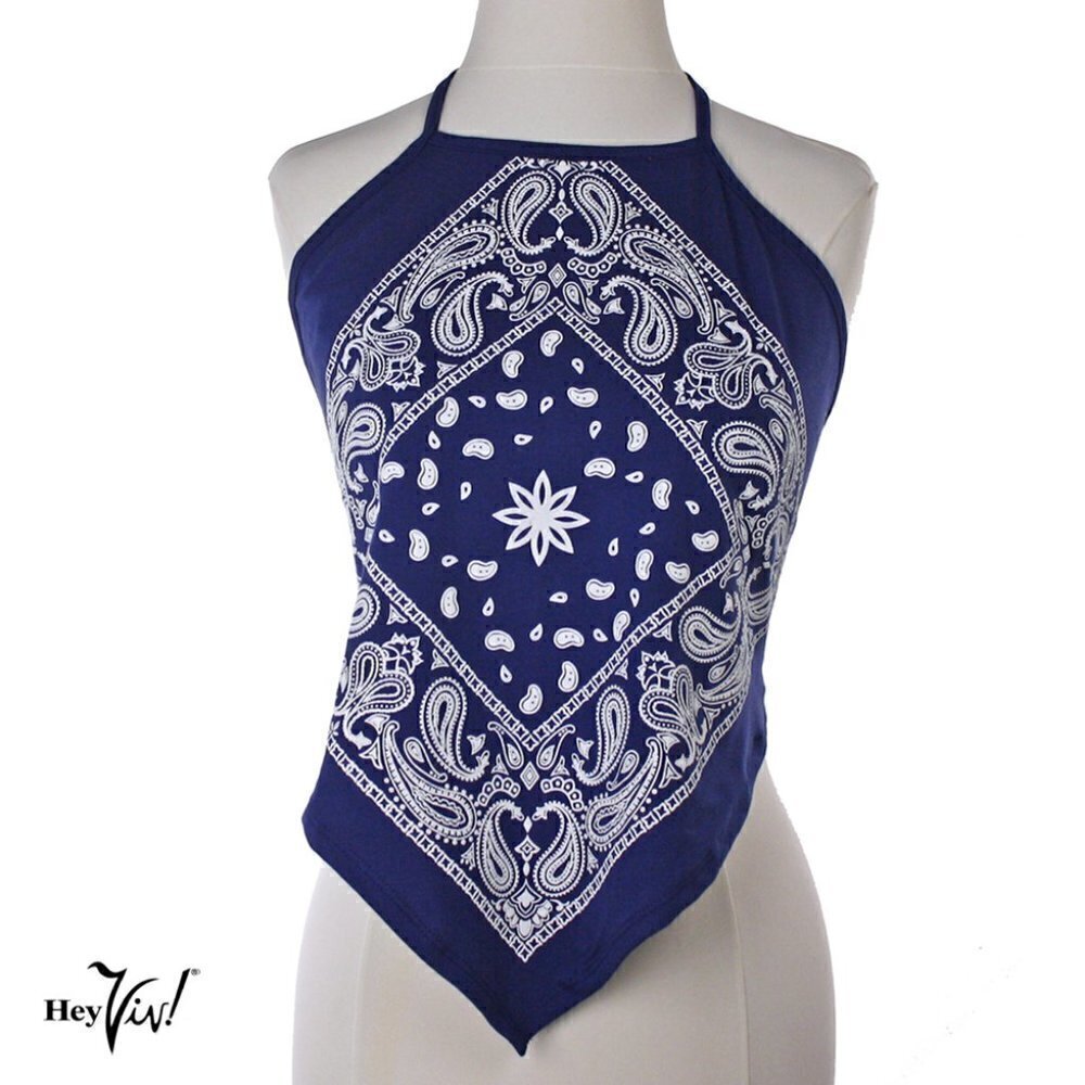 Blue Bandana Print Cotton Halter Top - Retro Style - Size Large